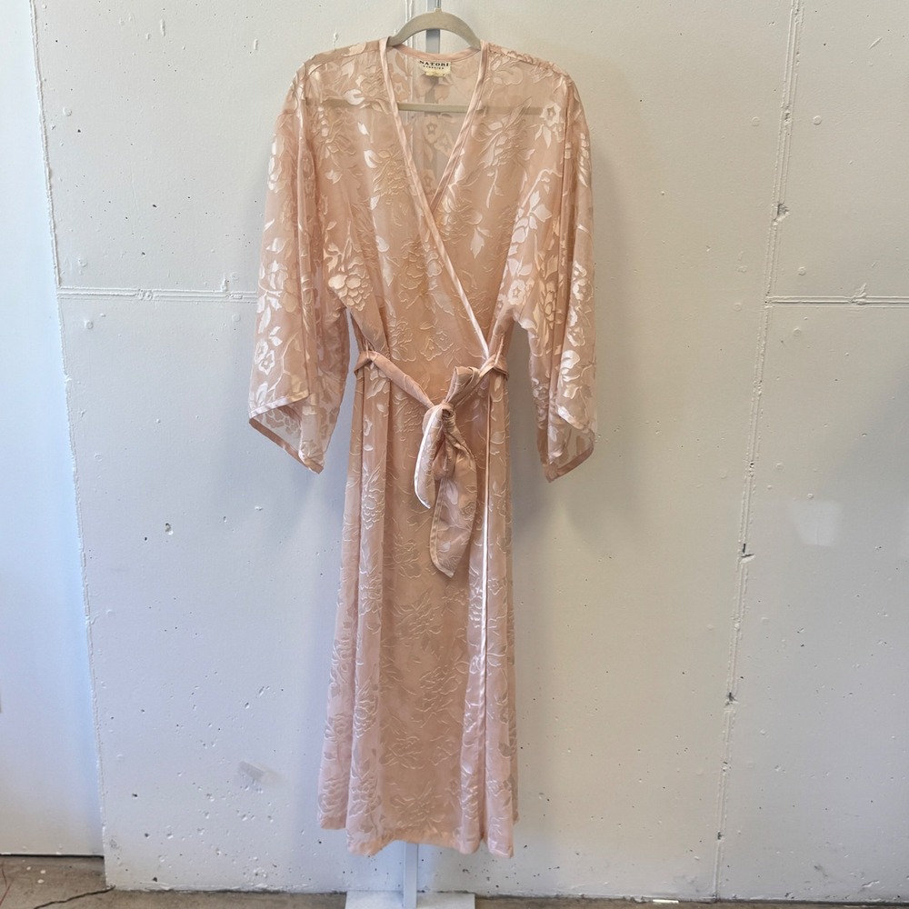 Vintage Natori Classics Blush Pink Floral Burnout Wrap Robe Long V86239 Small